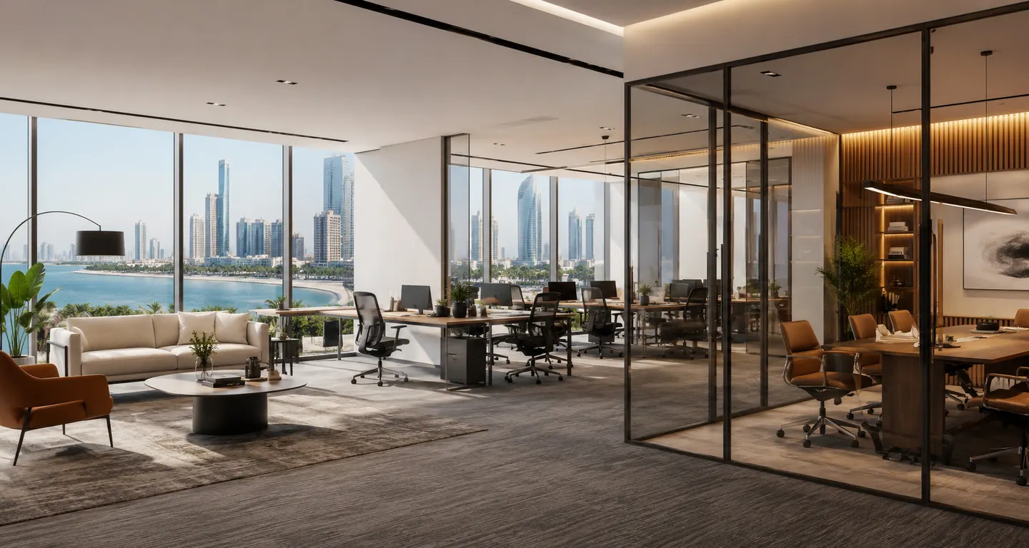 Modern furnished office space overlooking Abu Dhabi